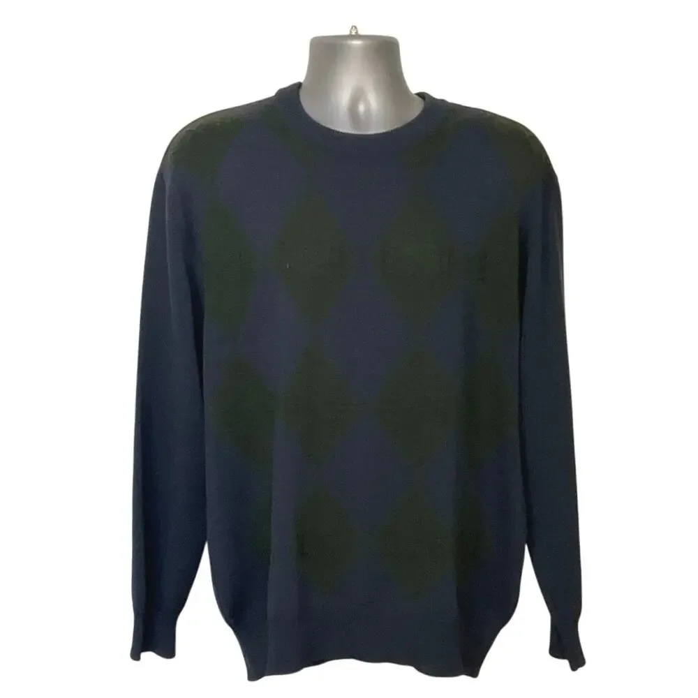 COMO Sport Italy Men’s Argyle Crew Neck Knit Sweater Blue Green Size XL